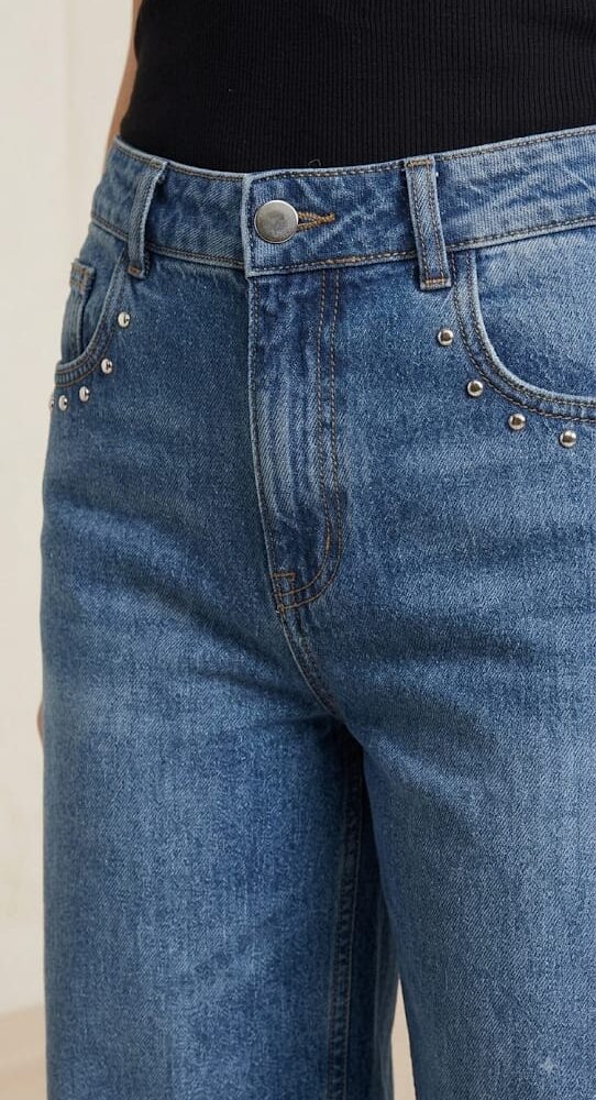 Studded Dark Wash Wide-Leg Jeans